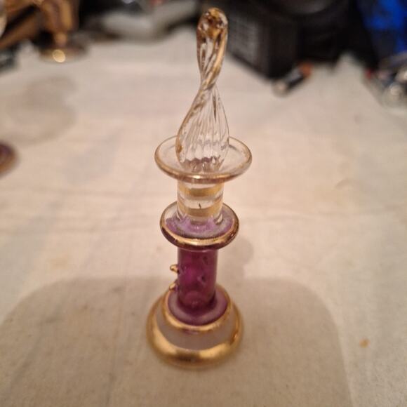 Vintage Perfume Bottles Egyptian Style Art Glass Cranberry Clear Gold Iridescent - Picture 5 of 6